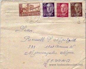 Timbres: MONASTERIO DE GUADALUPE Y GENERAL FRANCO EN CARTA CIRCULADA 1960 BARCELONA A USA. RODILLO MUDO. MPM